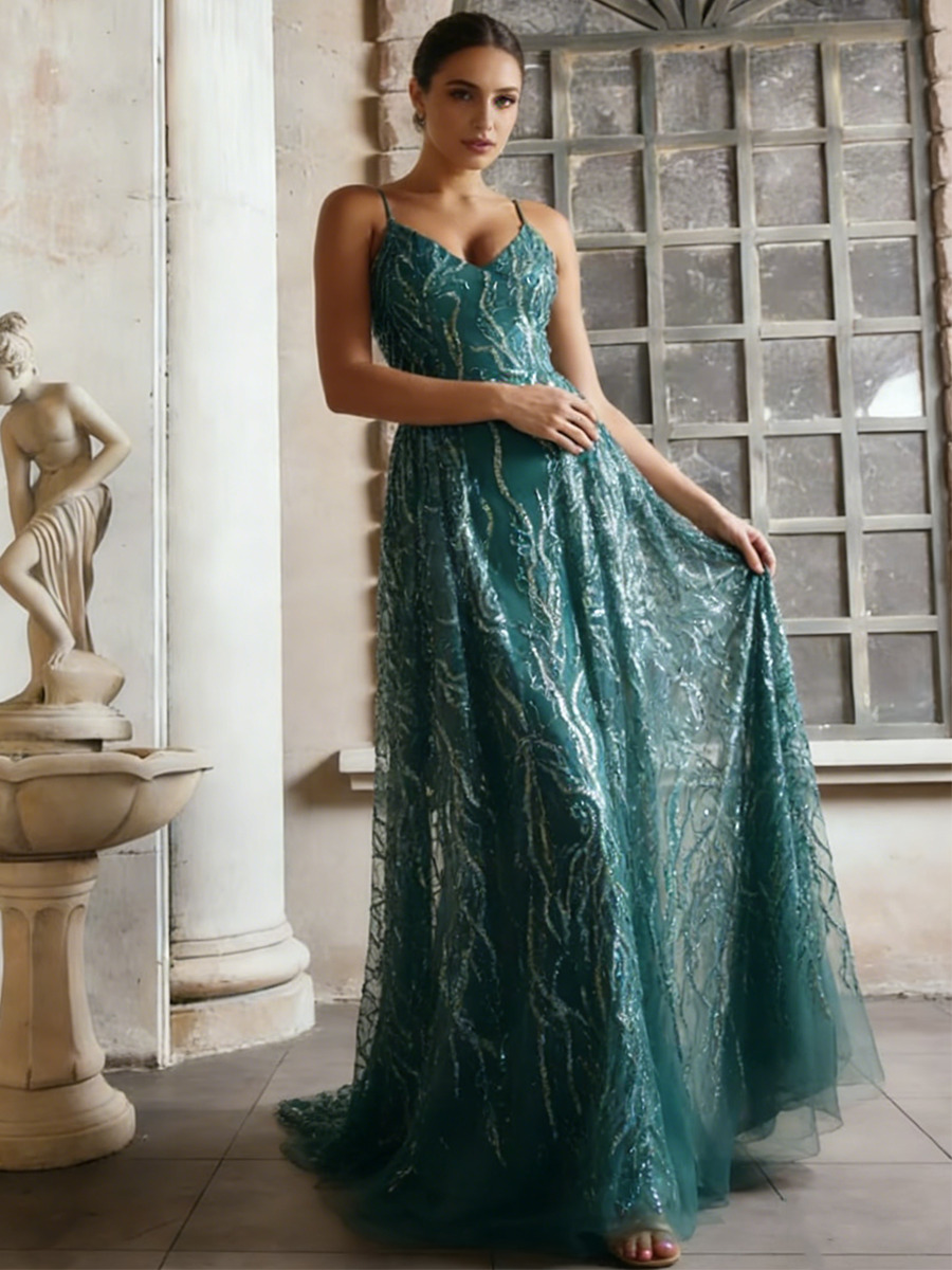 A-Line Sequin Mesh Floor-Length Dress with Trailing Train & Iridescent Sequins for Evening & Gala Events