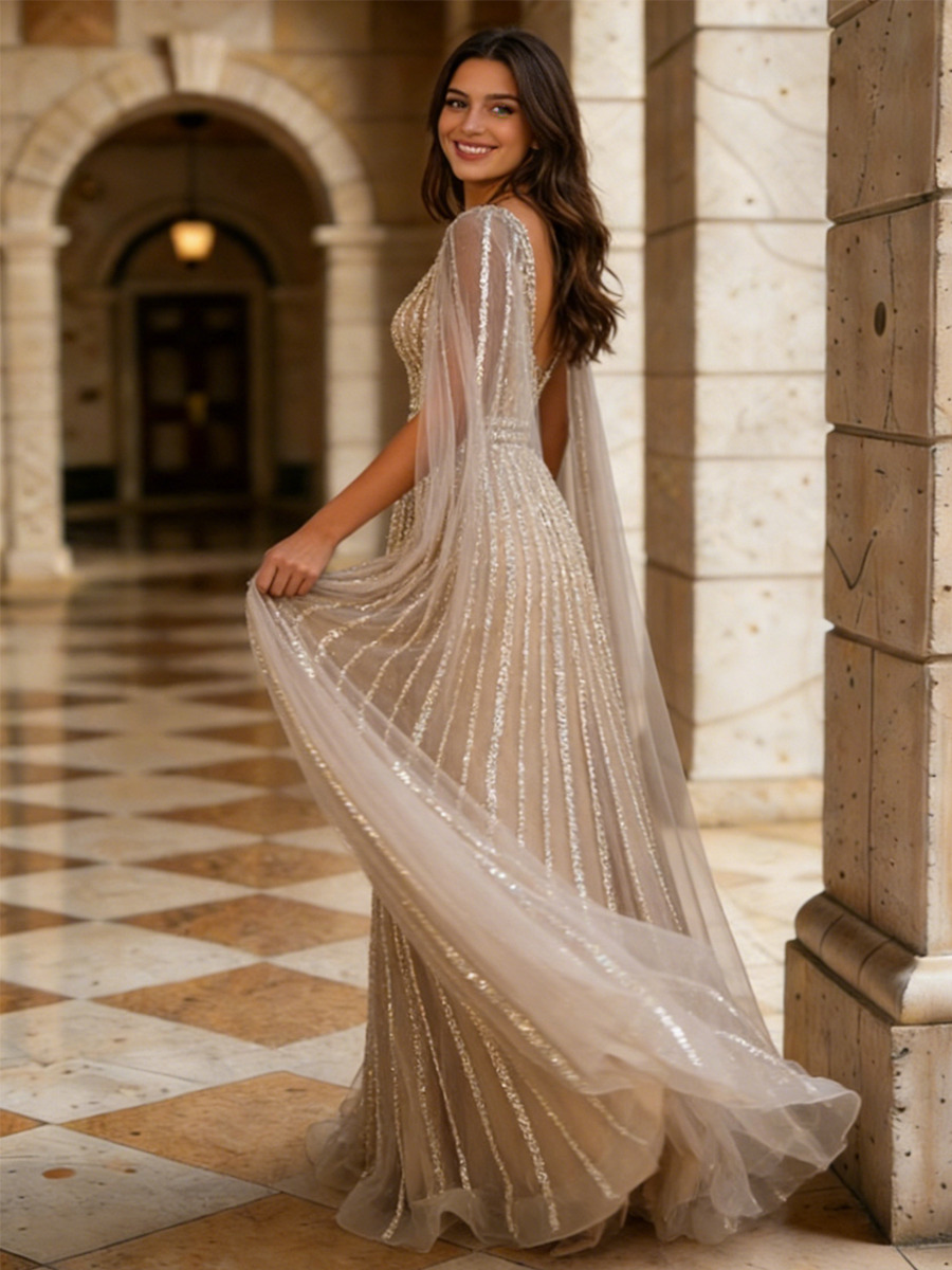 A-Line Deep V-Neck Sequin Mesh Floor-Length Dress with Detachable Tulle Capelet & Vertical Sequin Detailing for Prom & Gala Events