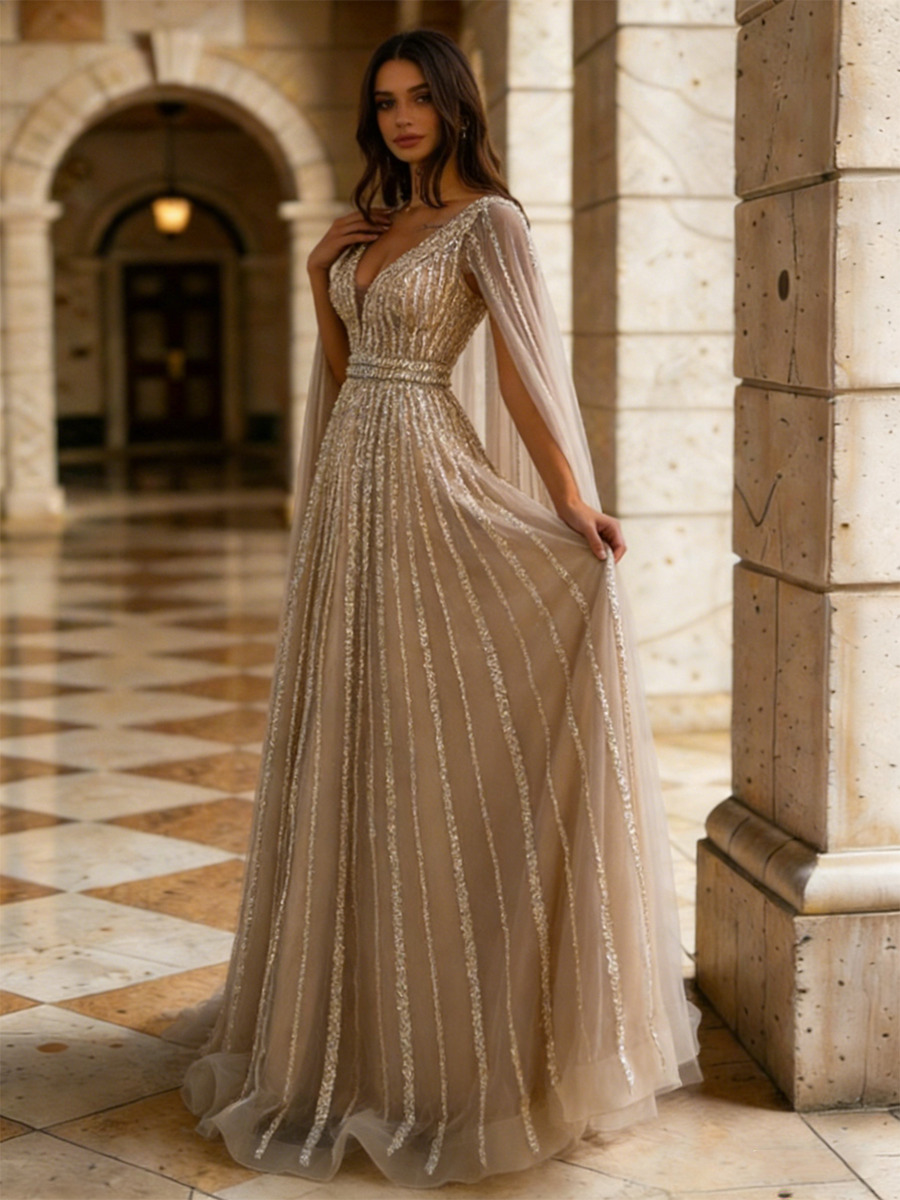 A-Line Deep V-Neck Sequin Mesh Floor-Length Dress with Detachable Tulle Capelet & Vertical Sequin Detailing for Prom & Gala Events