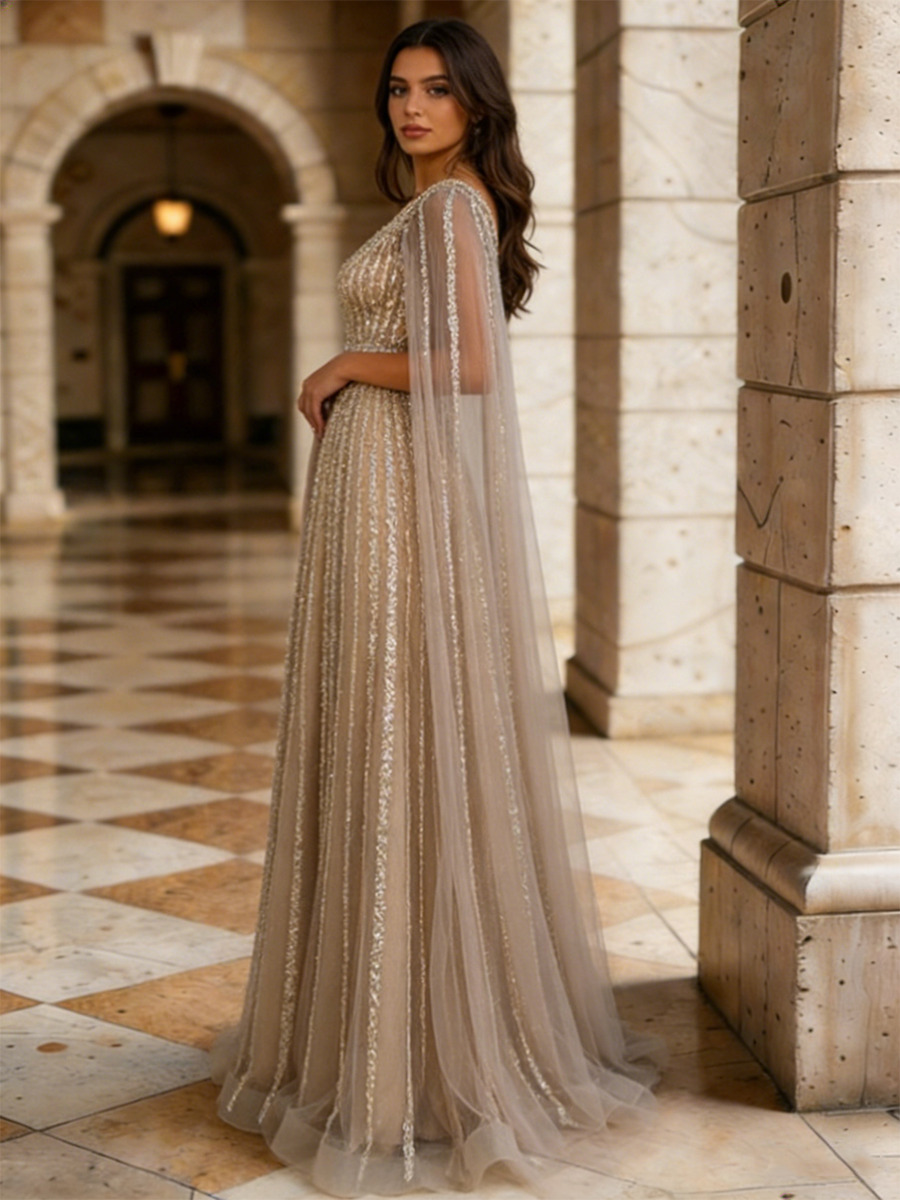 A-Line Deep V-Neck Sequin Mesh Floor-Length Dress with Detachable Tulle Capelet & Vertical Sequin Detailing for Prom & Gala Events