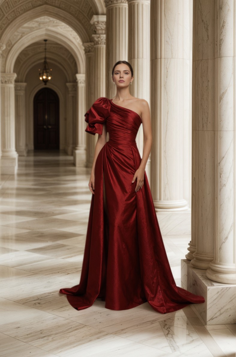 One-Shoulder Sheath Satin Floor-Length Formal Evening Dress with Ruffle & High Slit