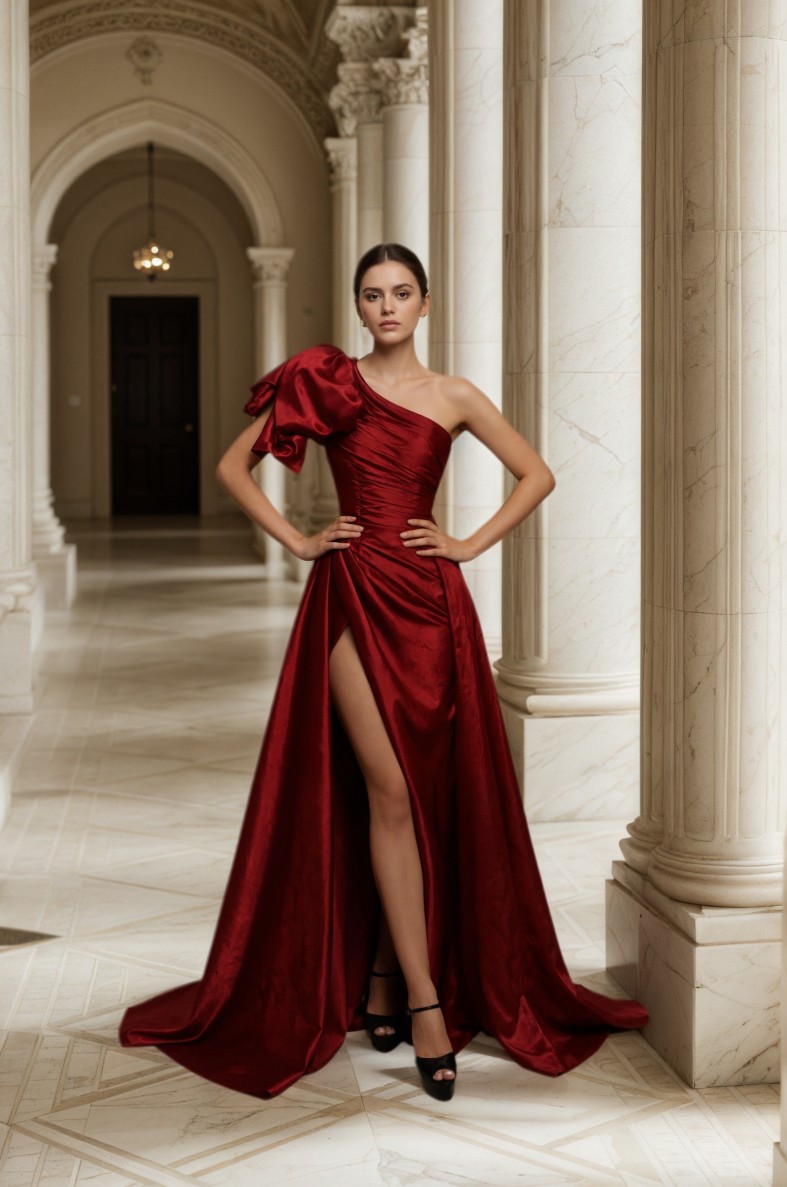 One-Shoulder Sheath Satin Floor-Length Formal Evening Dress with Ruffle & High Slit