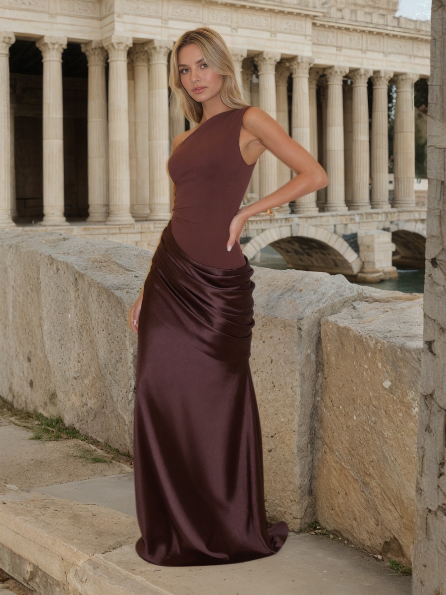 Sheath One-Shoulder Satin Floor-Length Ruched Formal Evening Dress