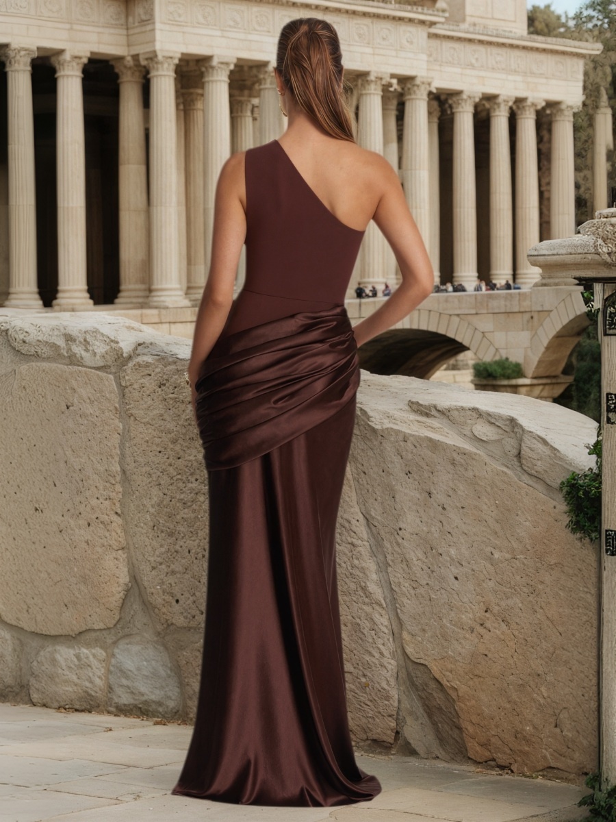 Sheath One-Shoulder Satin Floor-Length Ruched Formal Evening Dress