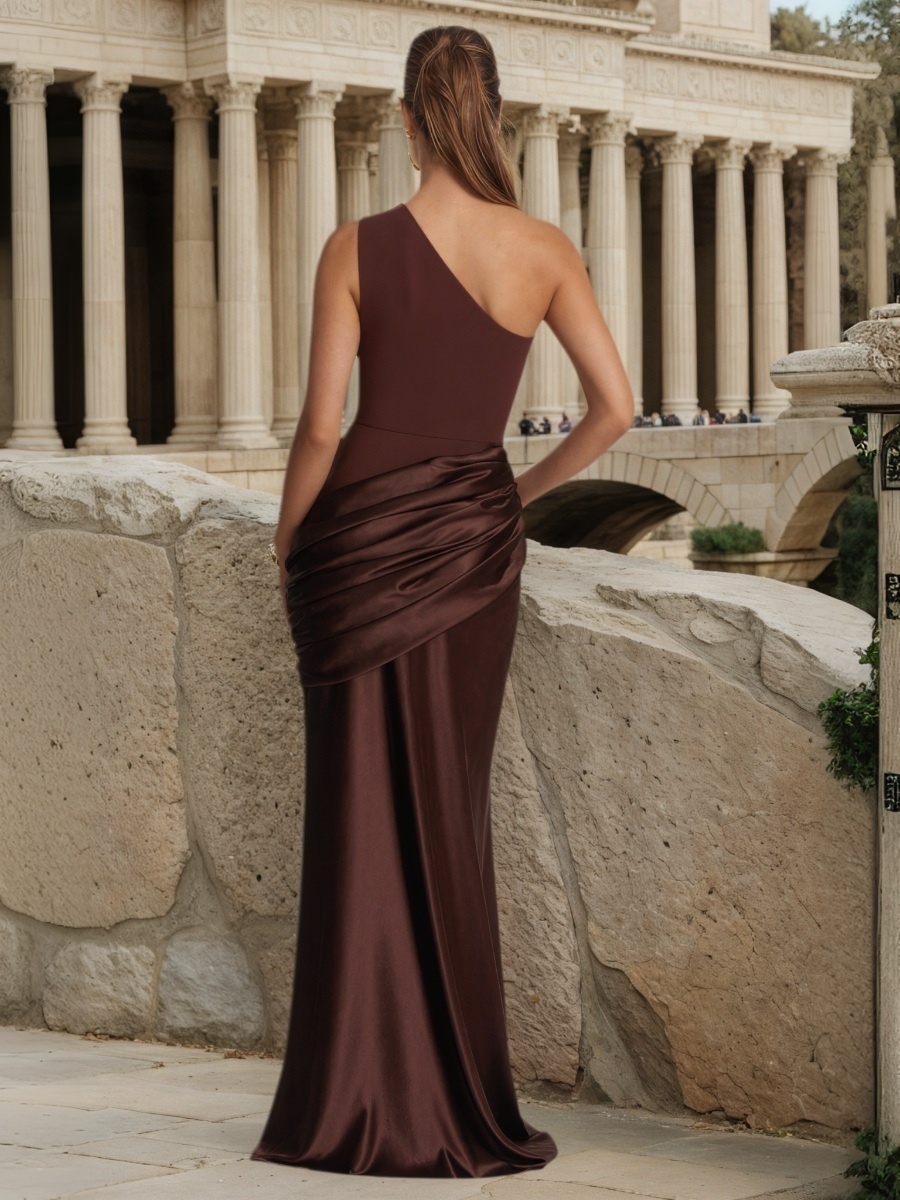 Sheath One-Shoulder Satin Floor-Length Ruched Formal Evening Dress