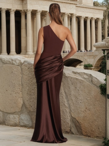 Sheath One-Shoulder Satin Floor-Length Ruched Formal Evening Dress