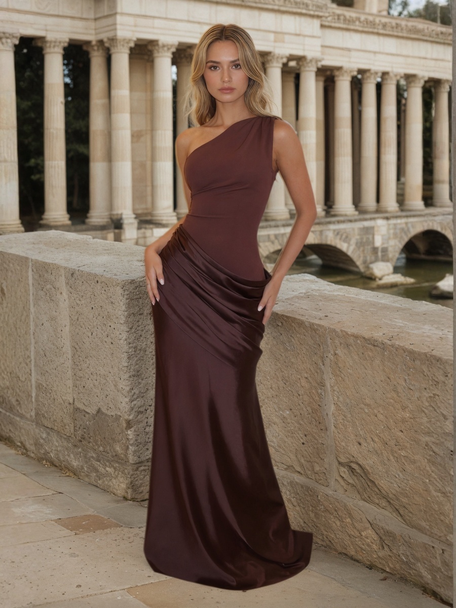Sheath One-Shoulder Satin Floor-Length Ruched Formal Evening Dress