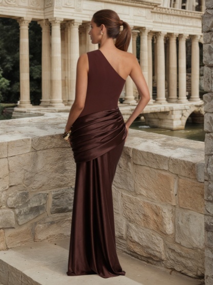 Sheath One-Shoulder Satin Floor-Length Ruched Formal Evening Dress