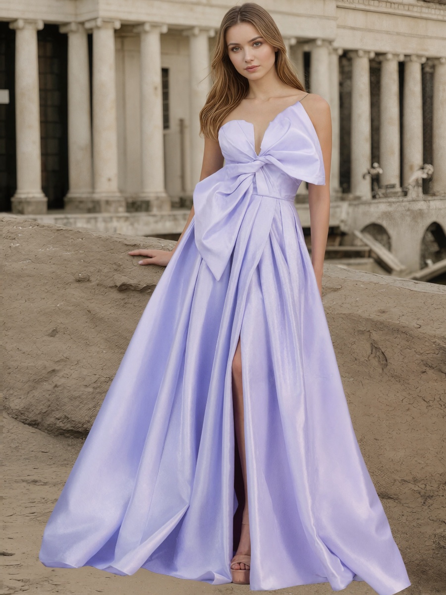A-Line One-Shoulder Satin Floor-Length with Oversized Bow and Slit Formal Evening Dress