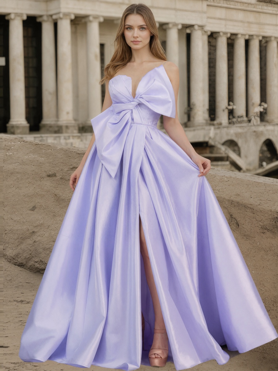 A-Line One-Shoulder Satin Floor-Length with Oversized Bow and Slit Formal Evening Dress