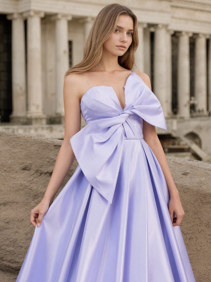 A-Line One-Shoulder Satin Floor-Length with Oversized Bow and Slit Formal Evening Dress