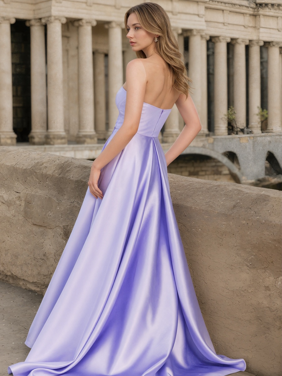 A-Line One-Shoulder Satin Floor-Length with Oversized Bow and Slit Formal Evening Dress