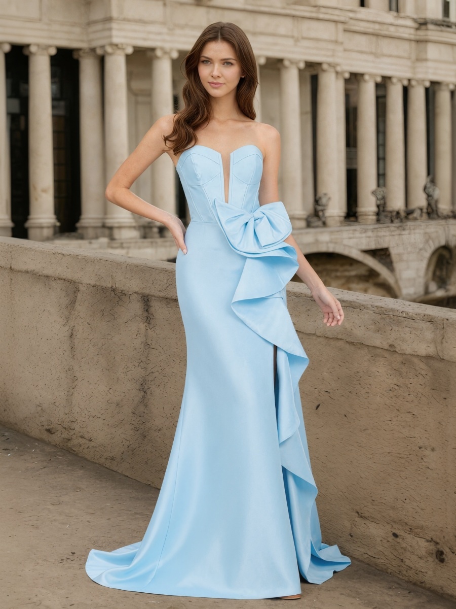 Mermaid Strapless Satin Floor-Length with Side Bow and Slit Formal Evening Dress