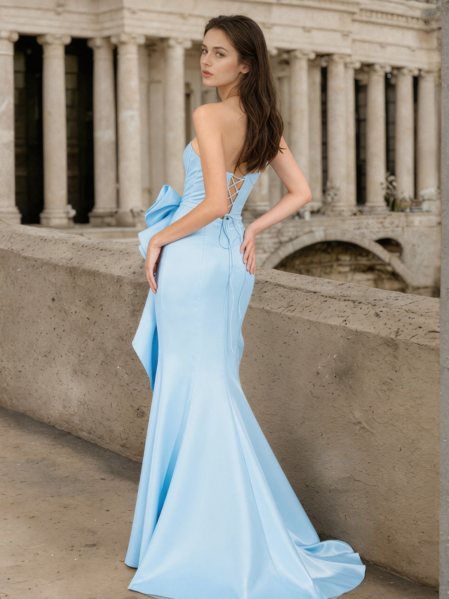 Mermaid Strapless Satin Floor-Length with Side Bow and Slit Formal Evening Dress