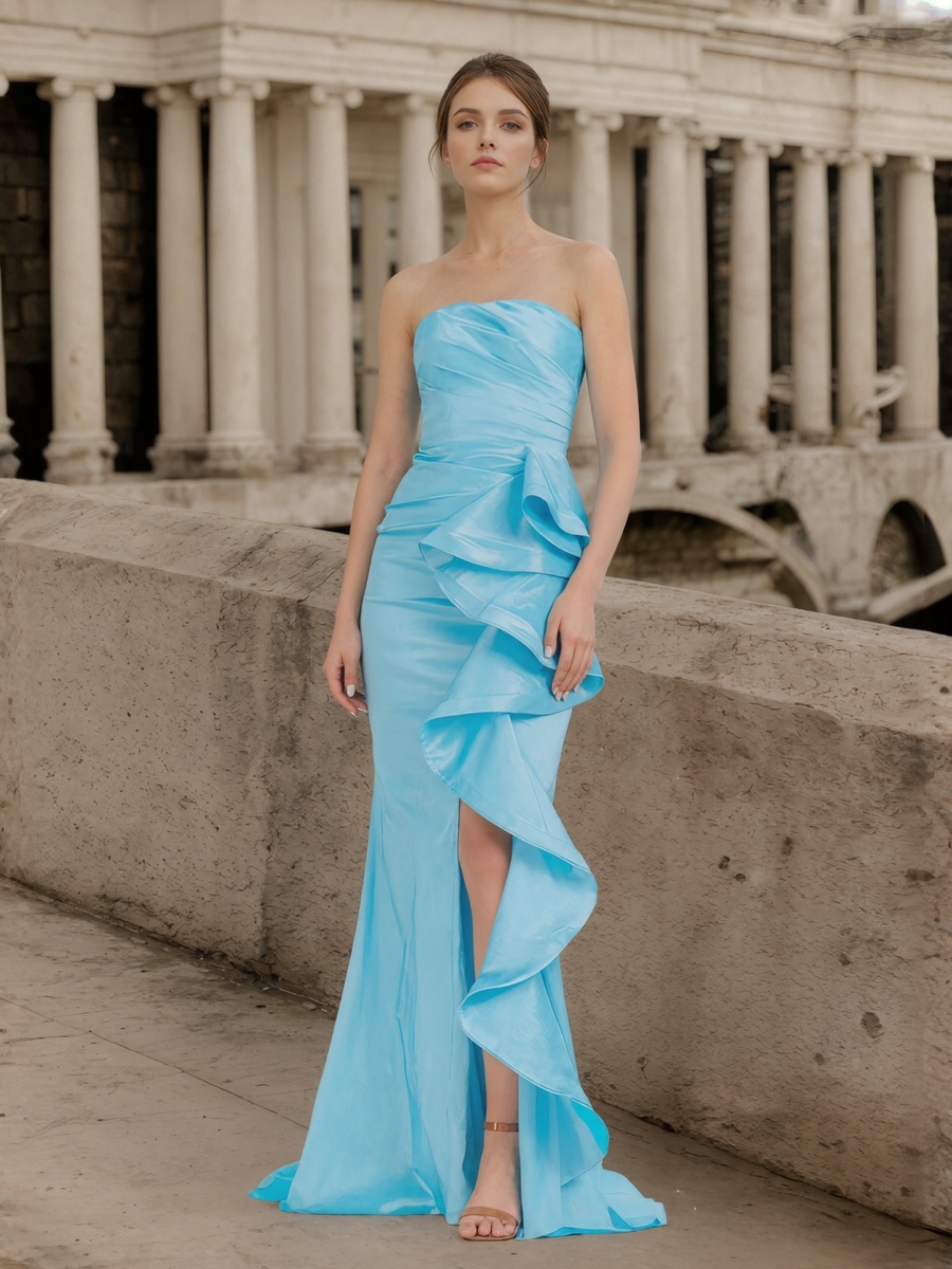 Mermaid Strapless Satin Floor-Length with Side Ruffle and Slit Formal Evening Dress