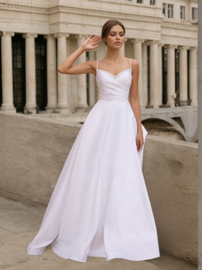 A-Line Spaghetti Strap Satin Floor-Length with Beaded Neckline Formal Gown