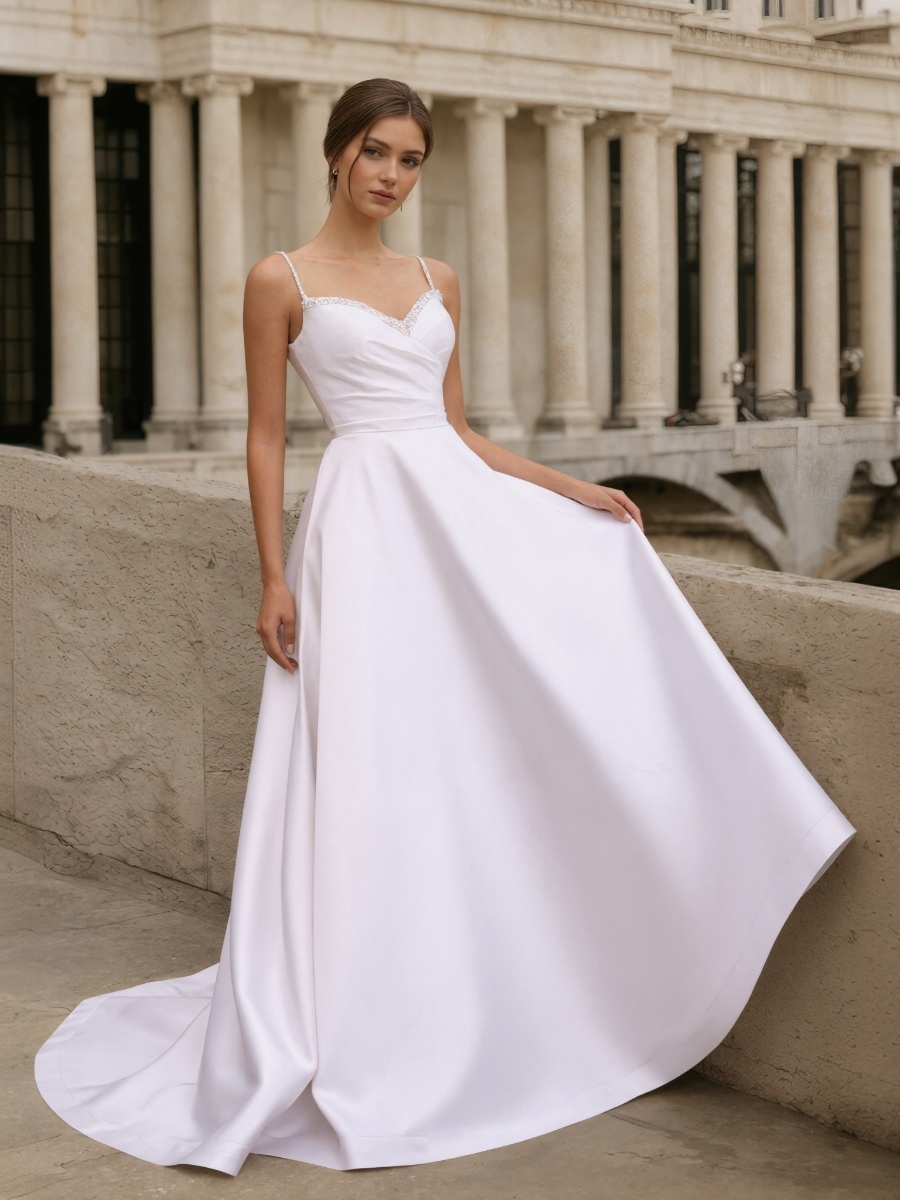 A-Line Spaghetti Strap Satin Floor-Length with Beaded Neckline Formal Gown