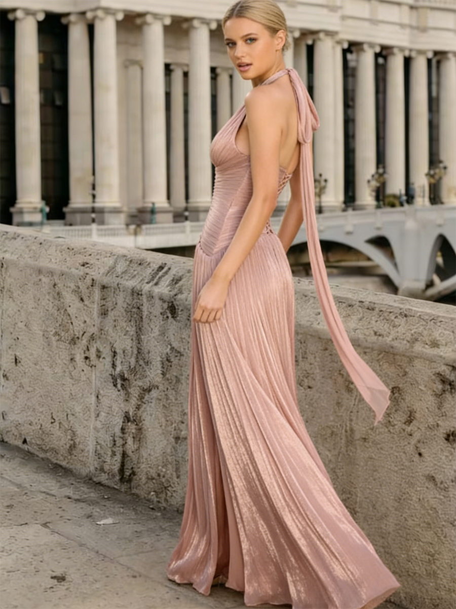 Sexy Halter Plunging V-Neck Pleated Metallic Floor-Length Formal Gown