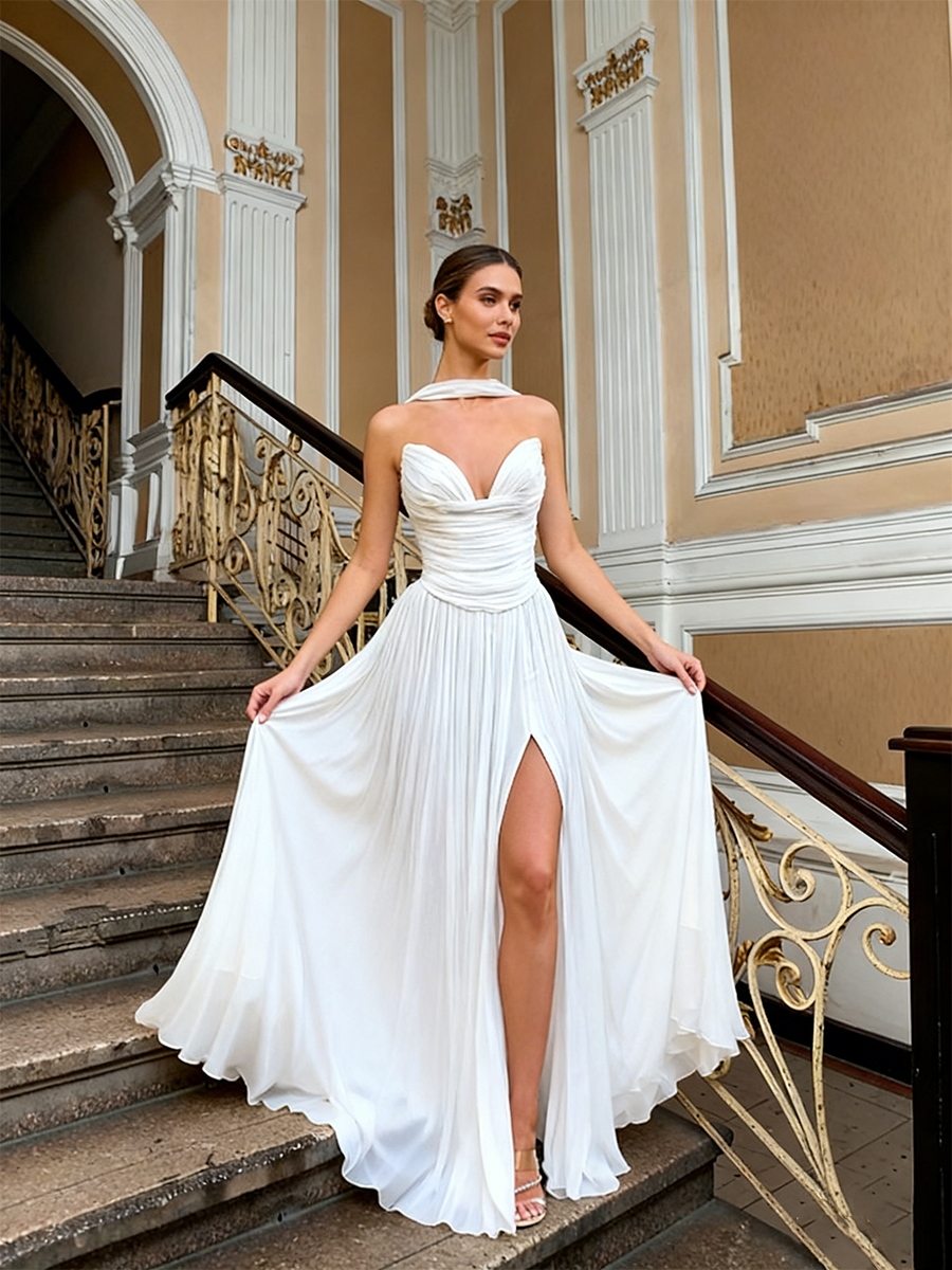 Strapless Pleated Chiffon Floor-Length Gown High Slit Greek-Inspired Formal Dress with Neck Scarf