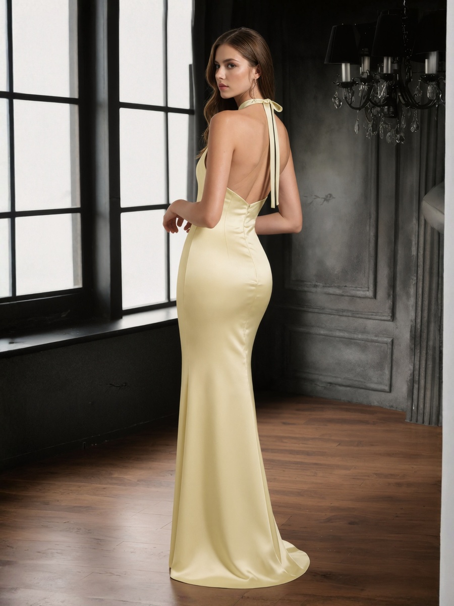 Sheath Halter Satin Floor-Length Twist Front Formal Evening Gown