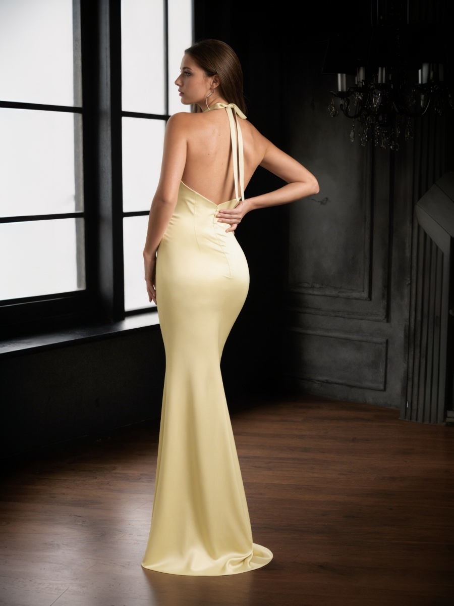 Sheath Halter Satin Floor-Length Twist Front Formal Evening Gown
