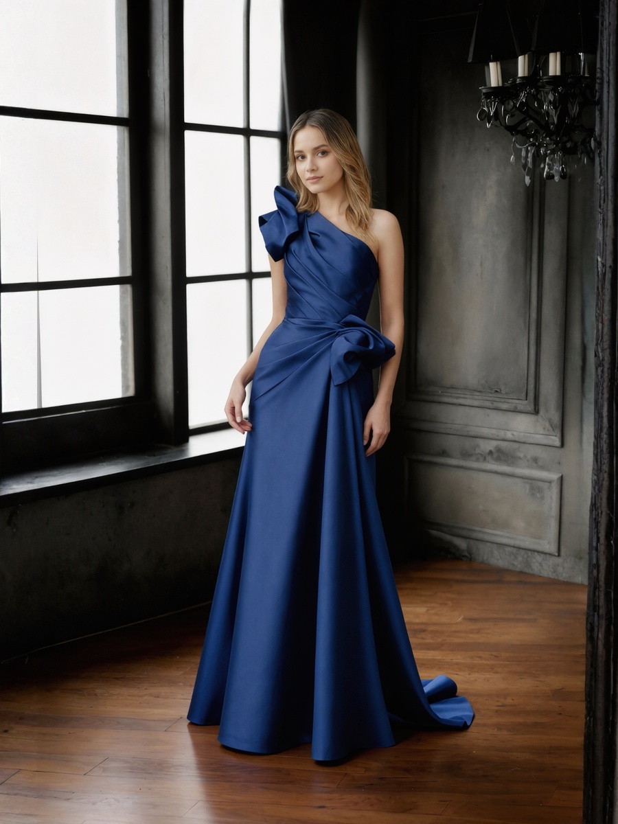 A-Line One-Shoulder Satin Floor-Length Bow Accent Formal Evening Gown