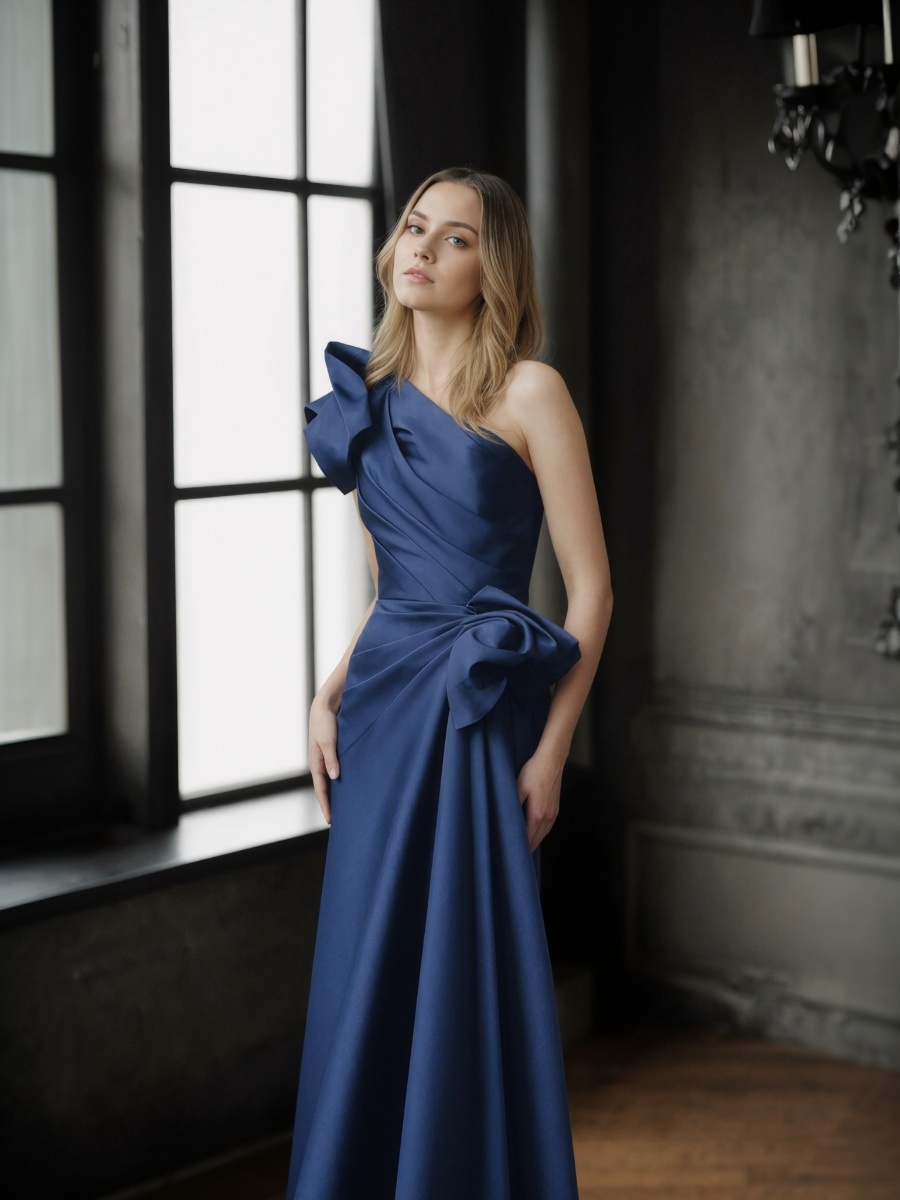 A-Line One-Shoulder Satin Floor-Length Bow Accent Formal Evening Gown