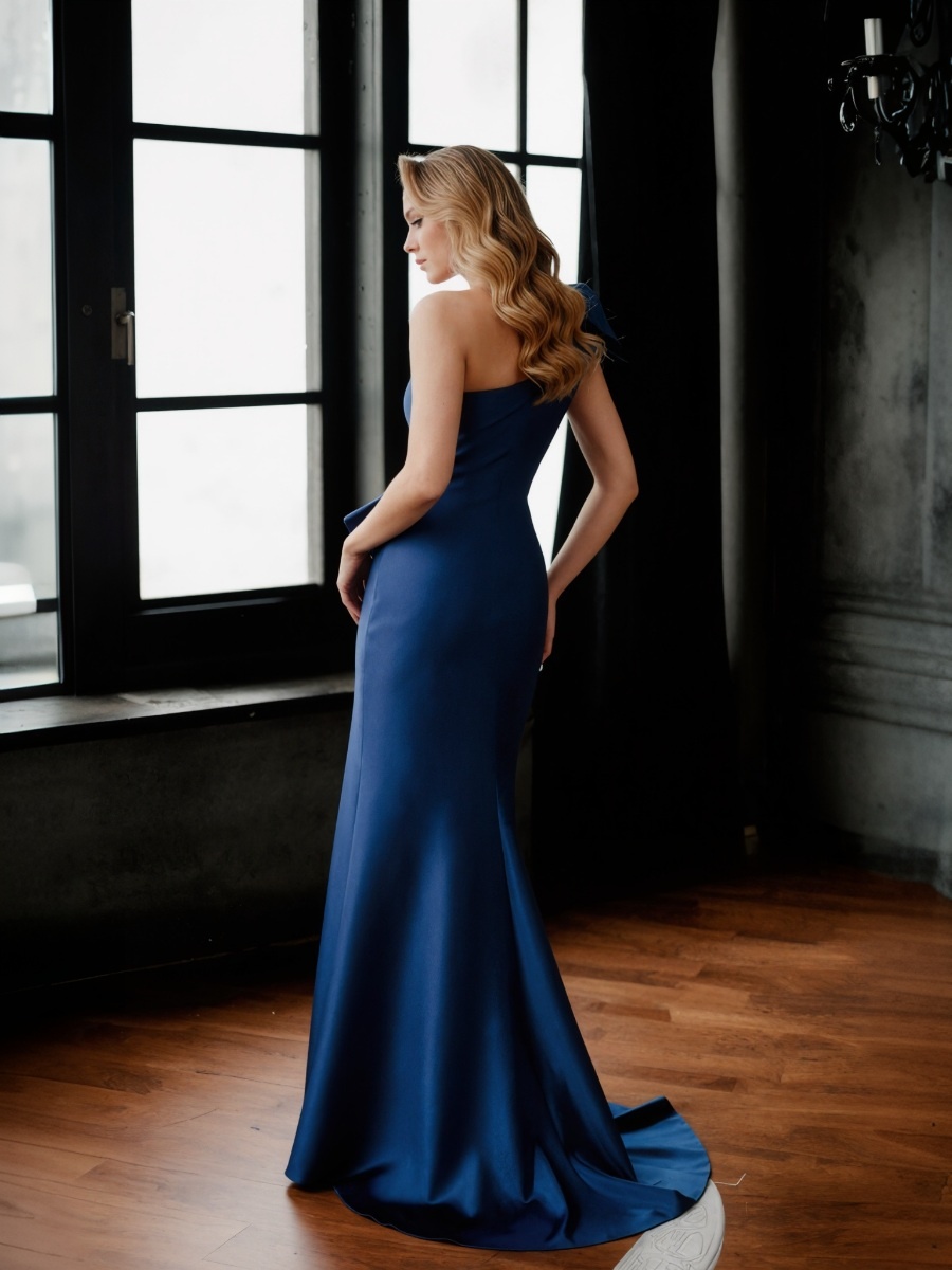 A-Line One-Shoulder Satin Floor-Length Bow Accent Formal Evening Gown