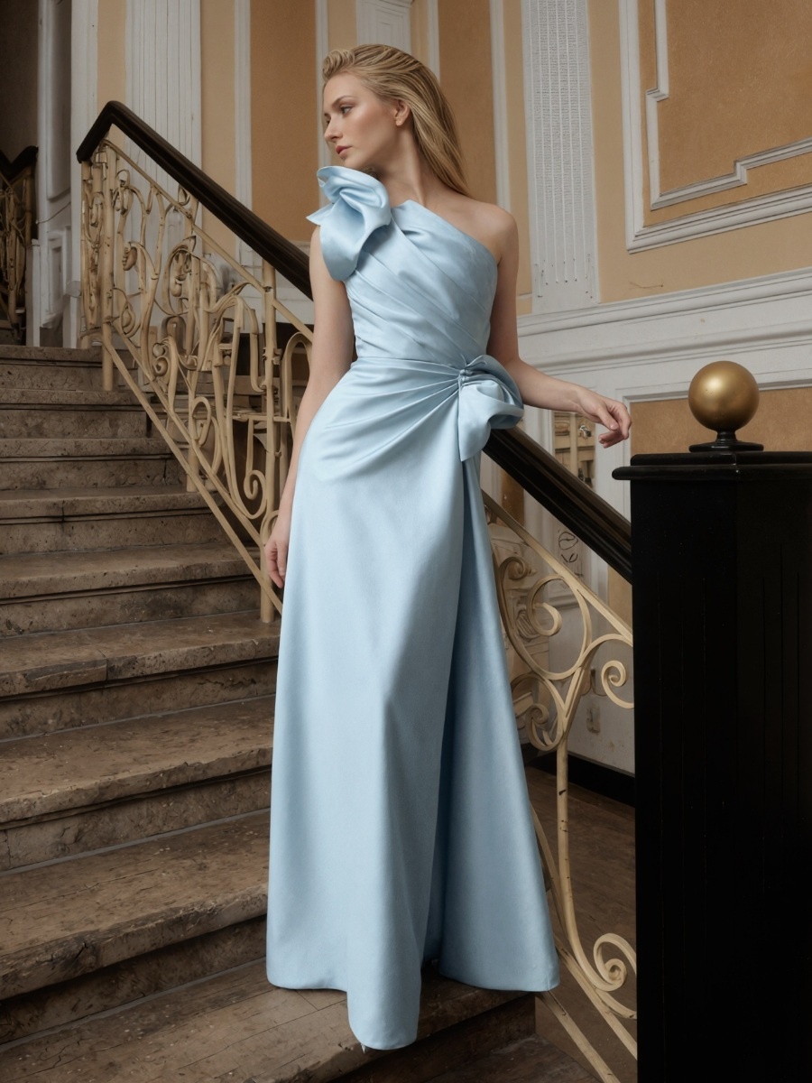 A-Line One-Shoulder Satin Floor-Length Bow Accent Formal Evening Gown