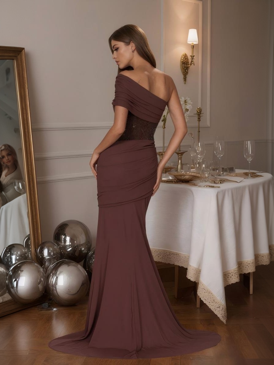 Mermaid Off-the-Shoulder Chiffon Floor-Length Beaded Formal Evening Gown