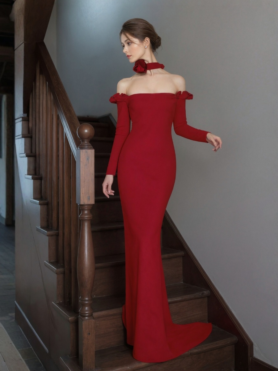Sheath Off-the-Shoulder Velvet Floor-Length Neck Bow Formal Evening Gown