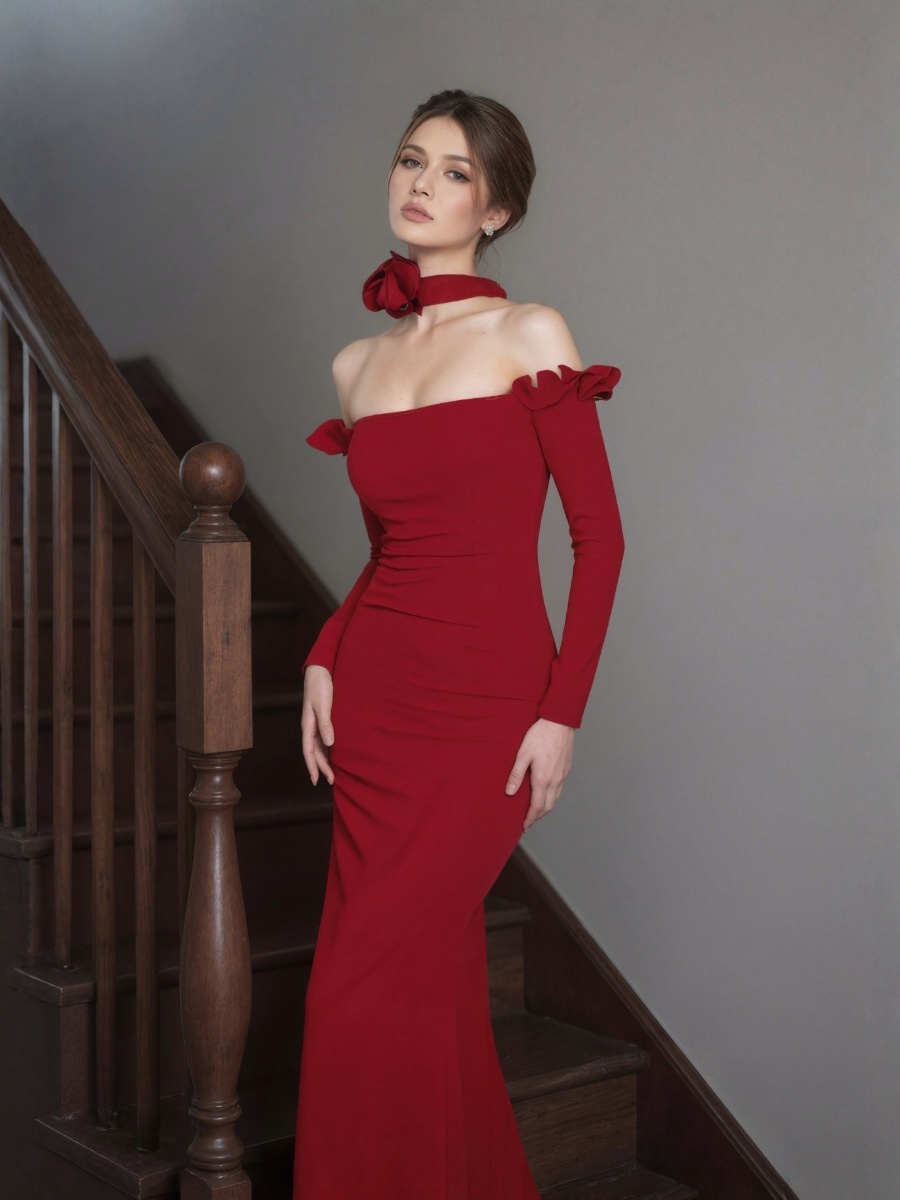 Sheath Off-the-Shoulder Velvet Floor-Length Neck Bow Formal Evening Gown
