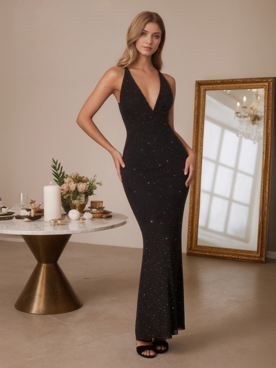 Mermaid Halter Sequins Floor-Length Plunge V-Neck Formal Evening Gown