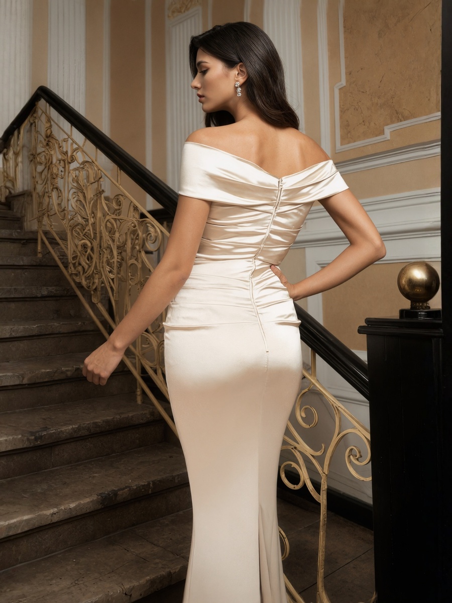 Sheath Off-the-Shoulder Satin Floor-Length Ruched Formal Evening Gown