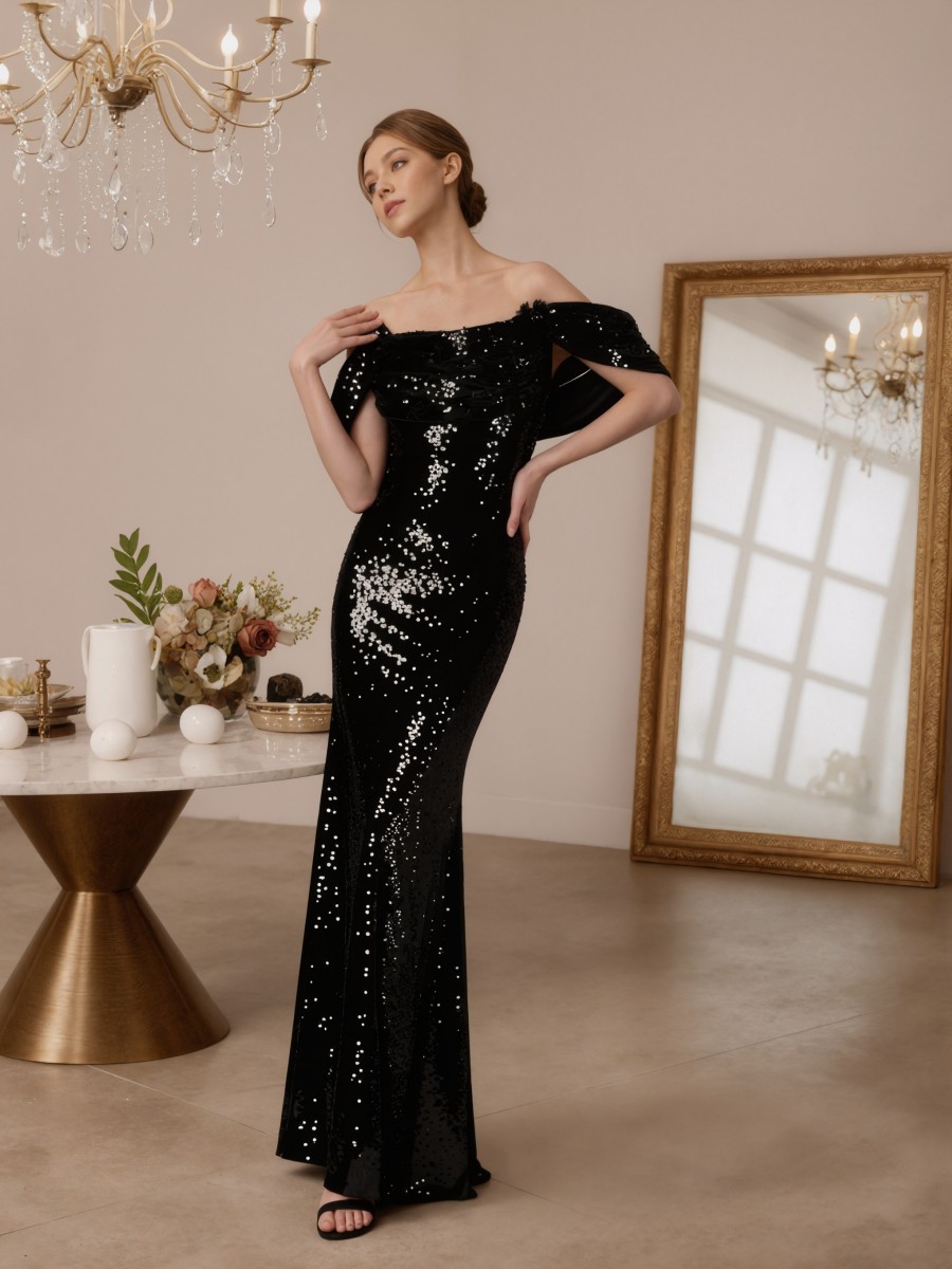 Mermaid Off-the-Shoulder Sequins Floor-Length Formal Evening Gown