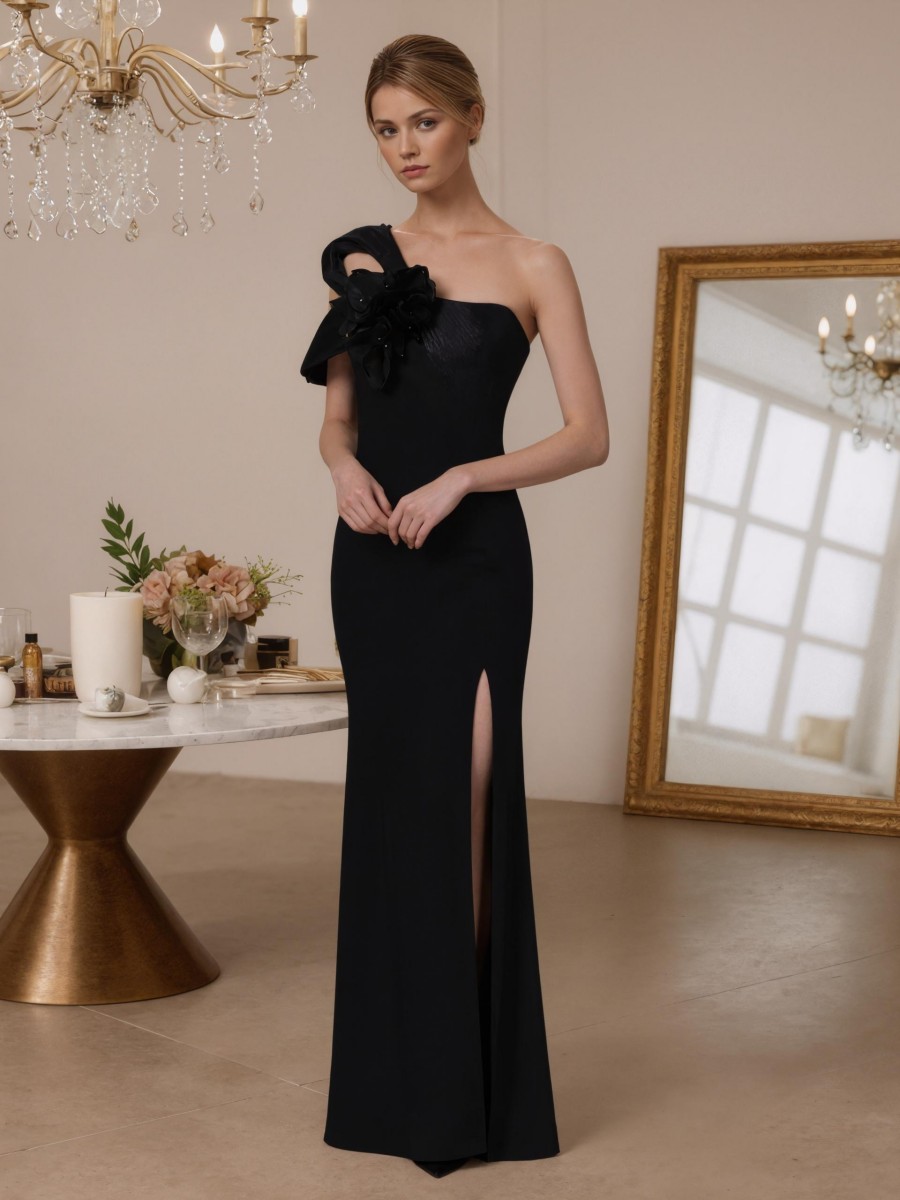 Sheath One-Shoulder Satin Floor-Length 3D Floral Accent Formal Evening Gown