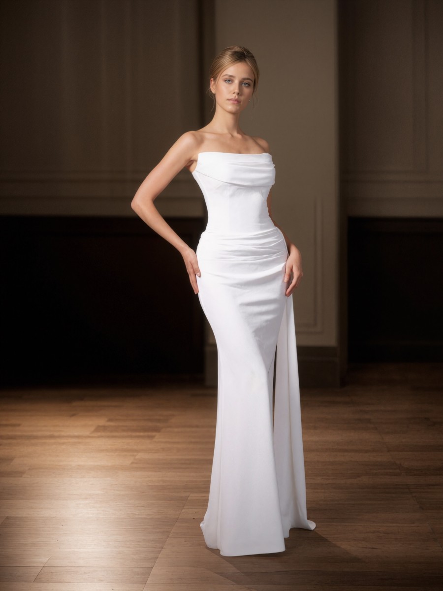Mermaid Strapless Satin Floor-Length Ruched Formal Evening Gown
