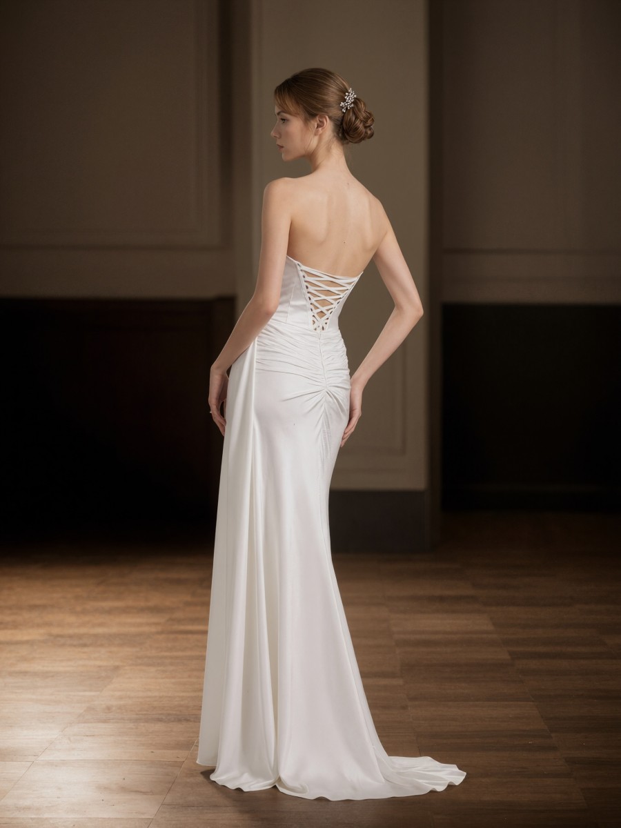 Mermaid Strapless Satin Floor-Length Ruched Formal Evening Gown