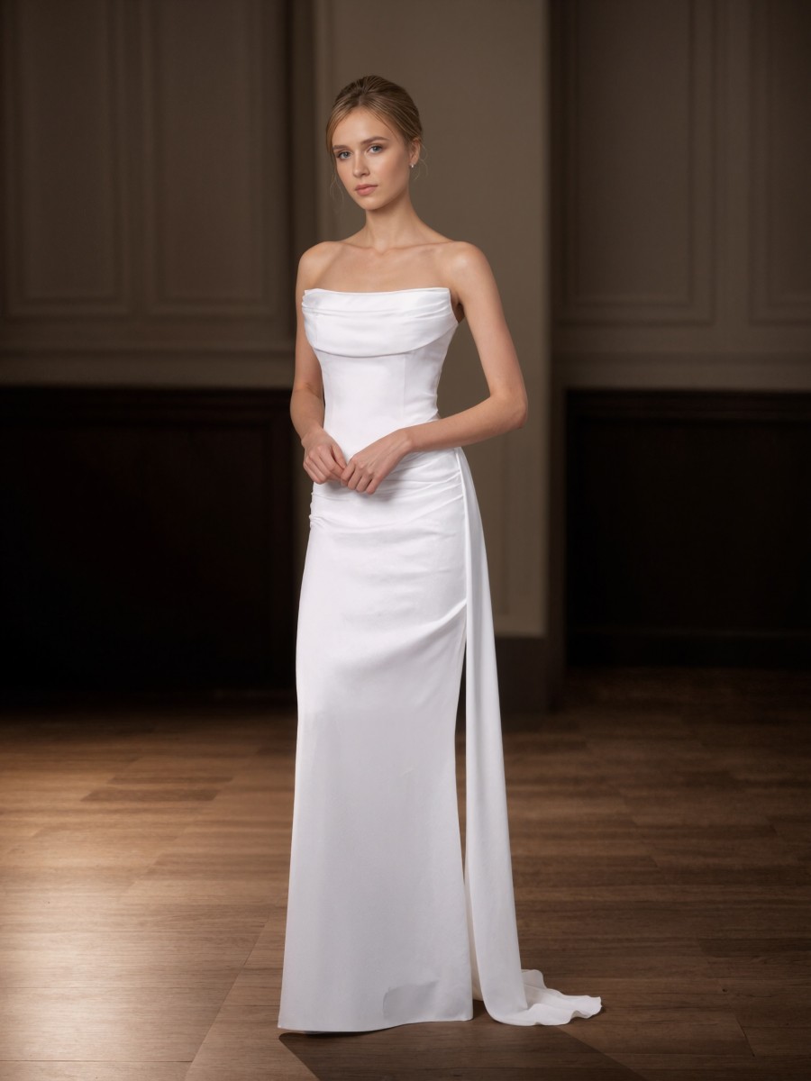 Mermaid Strapless Satin Floor-Length Ruched Formal Evening Gown