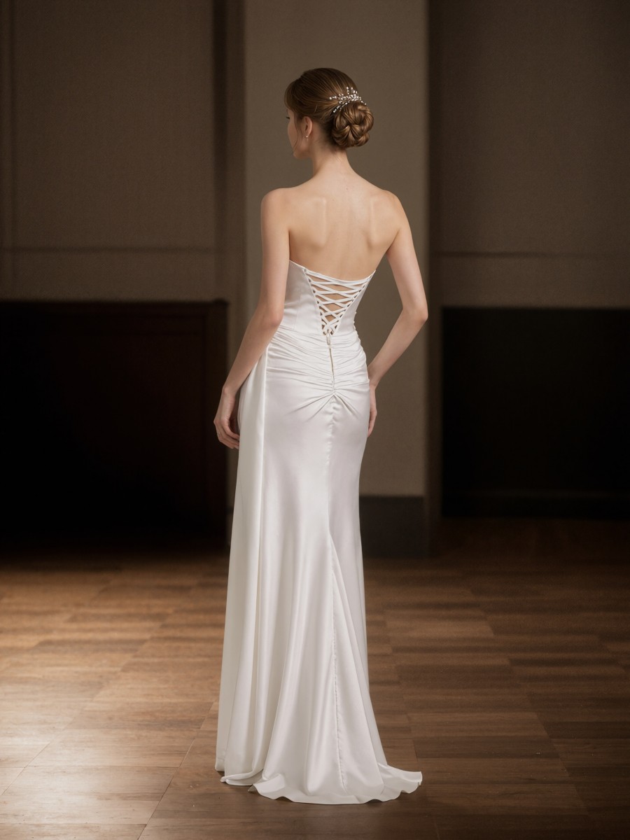 Mermaid Strapless Satin Floor-Length Ruched Formal Evening Gown