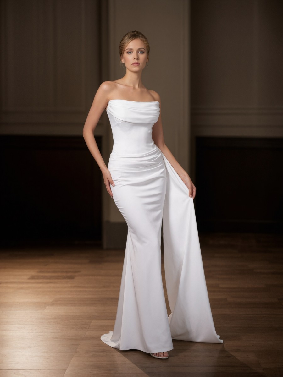 Mermaid Strapless Satin Floor-Length Ruched Formal Evening Gown