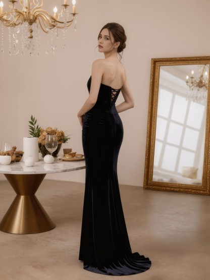 Mermaid Strapless Velvet Floor-Length High Slit Formal Evening Gown