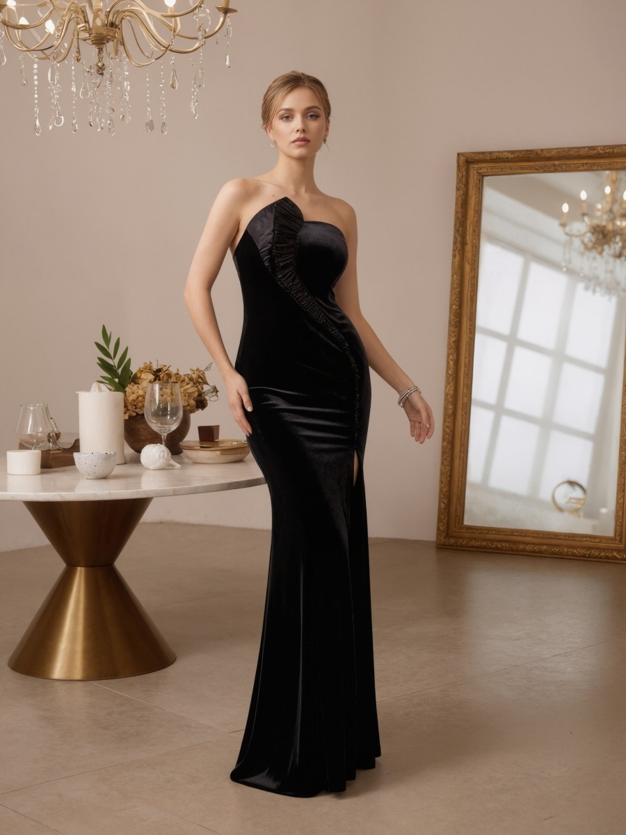 Mermaid Strapless Velvet Floor-Length High Slit Formal Evening Gown