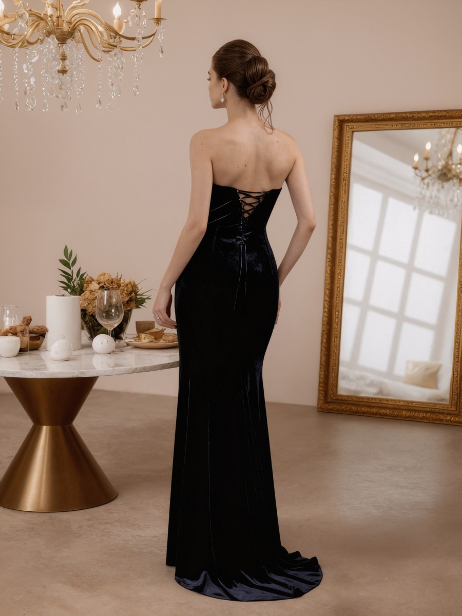 Mermaid Strapless Velvet Floor-Length High Slit Formal Evening Gown