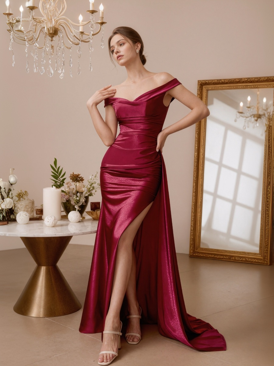 Trumpet Off-the-Shoulder Satin Floor-Length Ruched Formal Evening Gown