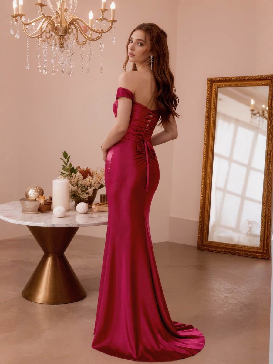 Trumpet Off-the-Shoulder Satin Floor-Length Ruched Formal Evening Gown