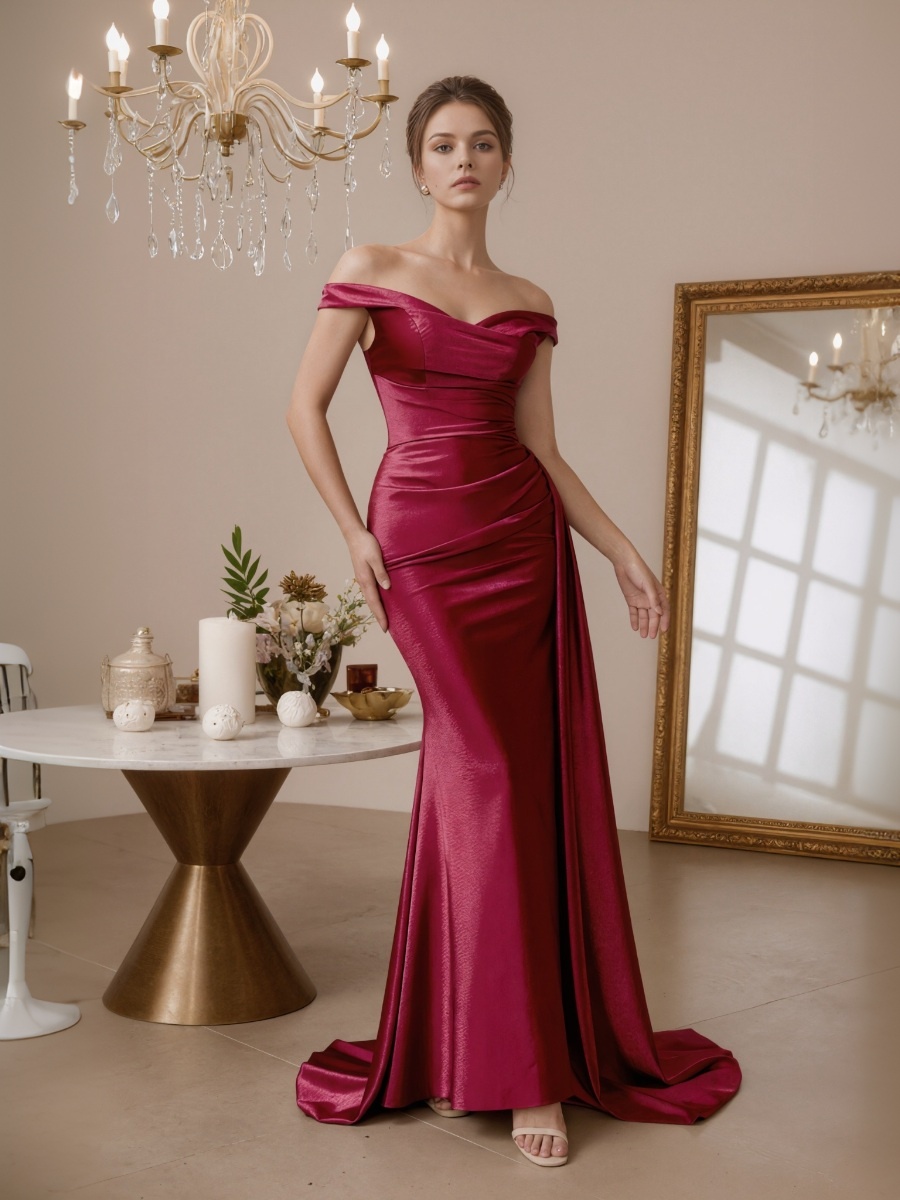 Trumpet Off-the-Shoulder Satin Floor-Length Ruched Formal Evening Gown
