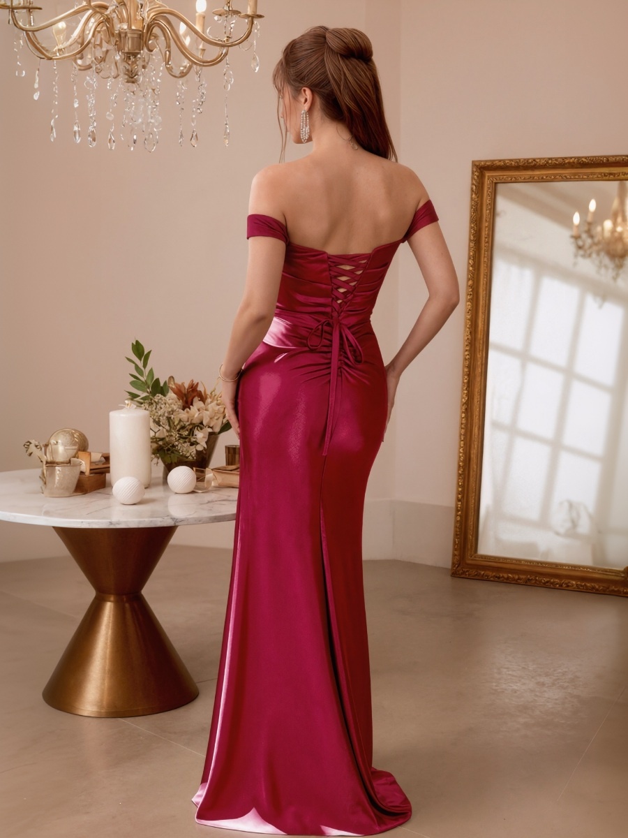 Trumpet Off-the-Shoulder Satin Floor-Length Ruched Formal Evening Gown