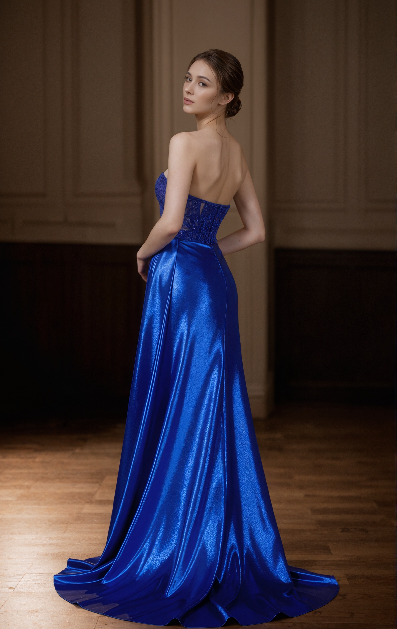 Mermaid Strapless Satin Floor-Length Lace Accent Formal Evening Gown