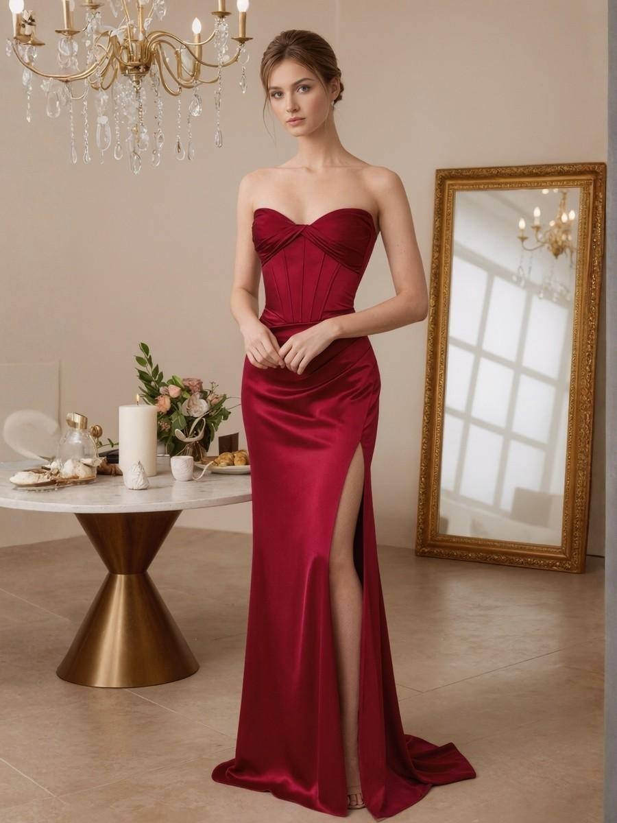 Mermaid Strapless Satin Floor-Length Twist Front Formal Evening Gown